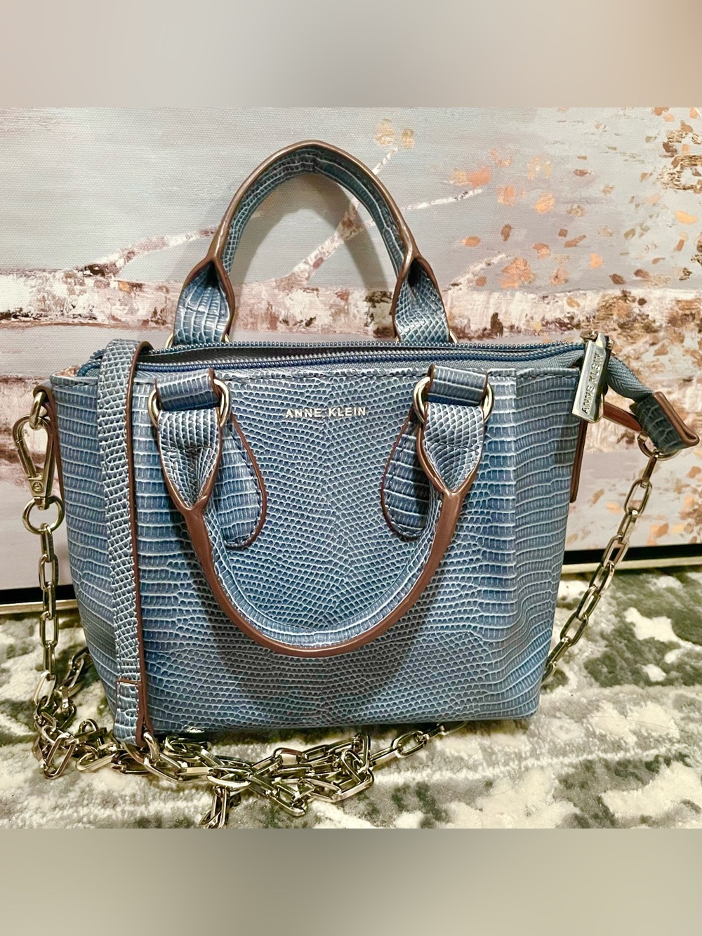 Mini Anne Klein Slate Lizard-Embossed Convertible Satchel silver-toned strap